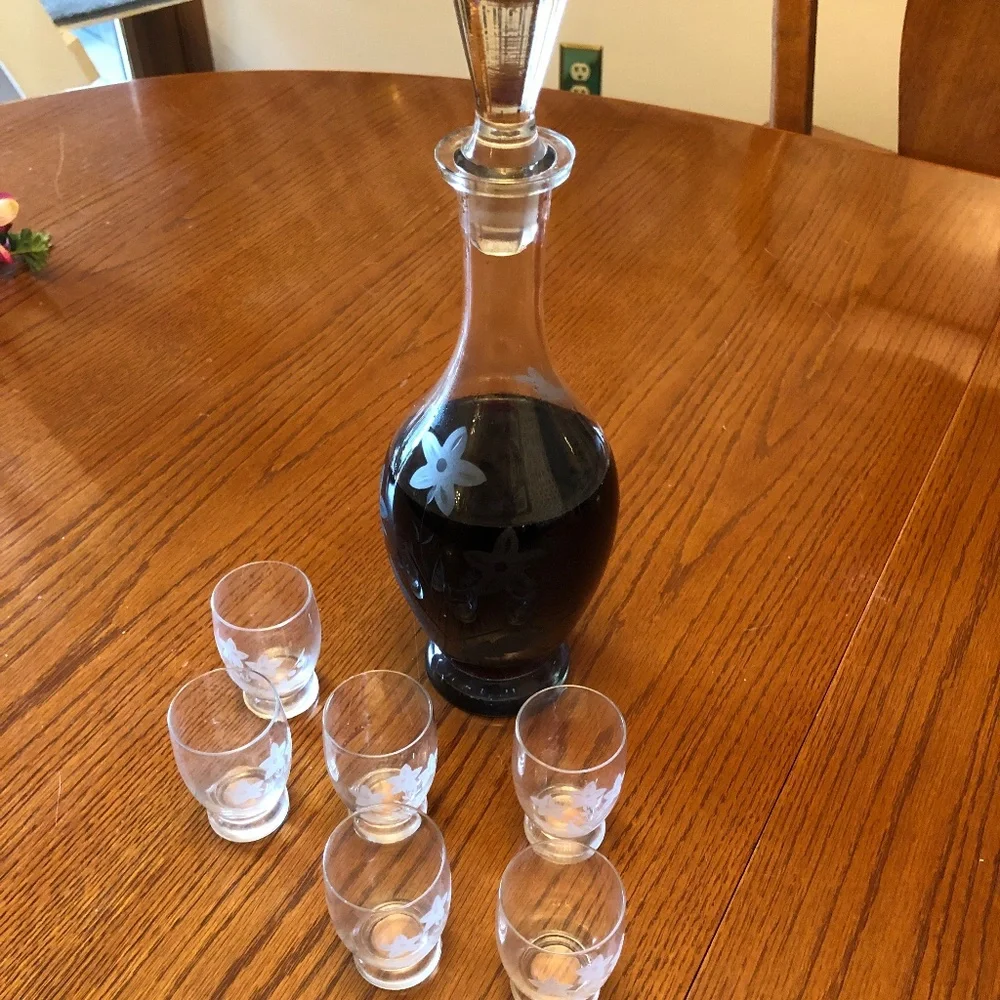 Vintage Clear Glass Etched Decanter and Six Shot Glasses